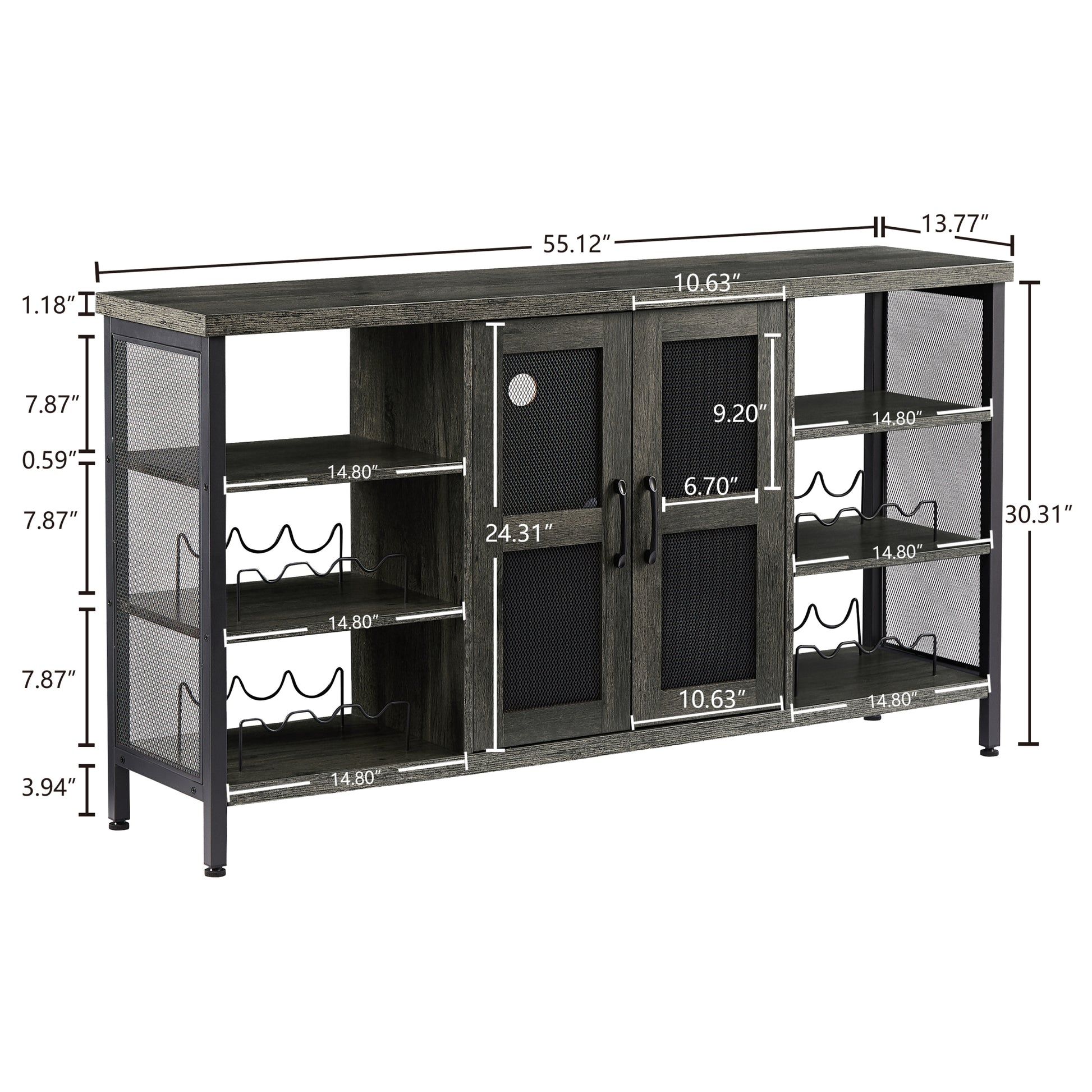 Industrial Wine Bar Cabinet, Liquor Storage Credenza, Sideboard With Wine Racks & Stemware Holder Dark Grey, 55.12''W X 13.78''D X 30.31'' H Dark Gray Particle Board