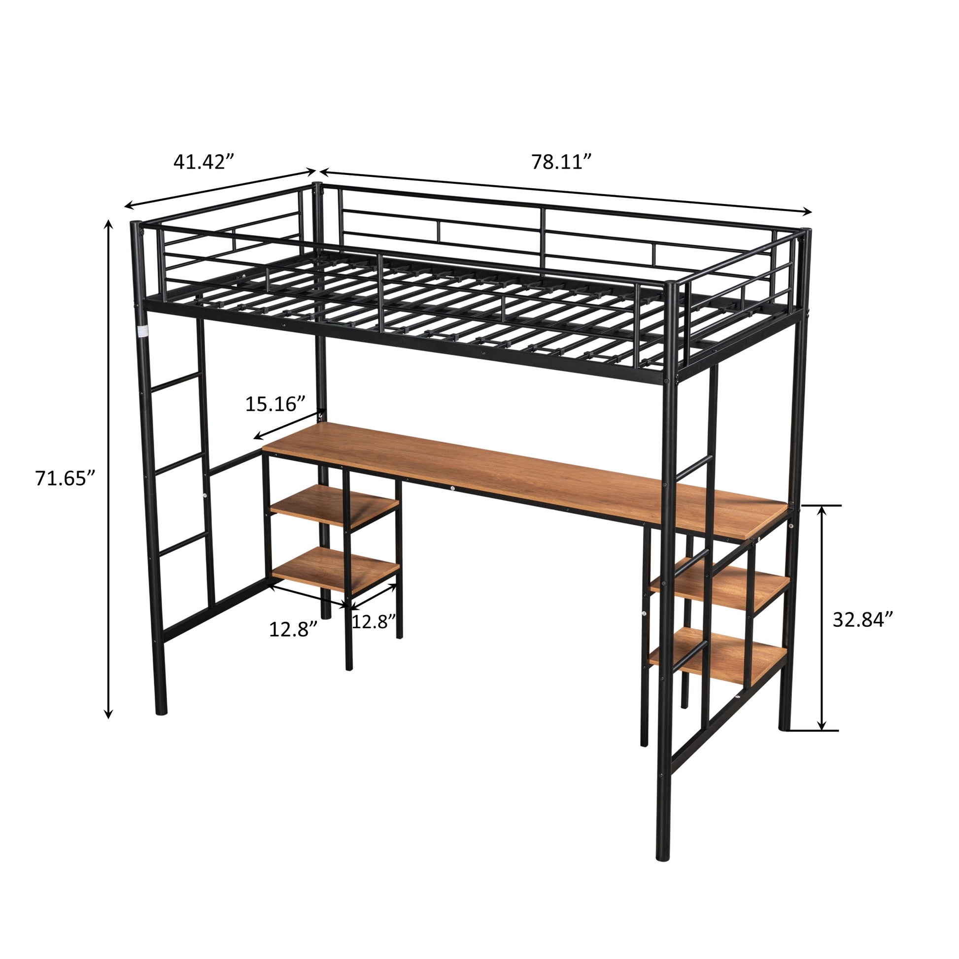 Twin Size Loft Bed With Table & Shelves Heavy Duty Sturdy Metal Built In Table & Shelves Noise Reduced Safety Guardrail 2 Side Ladders Cpc Certified No Box Spring Needed Black Metal