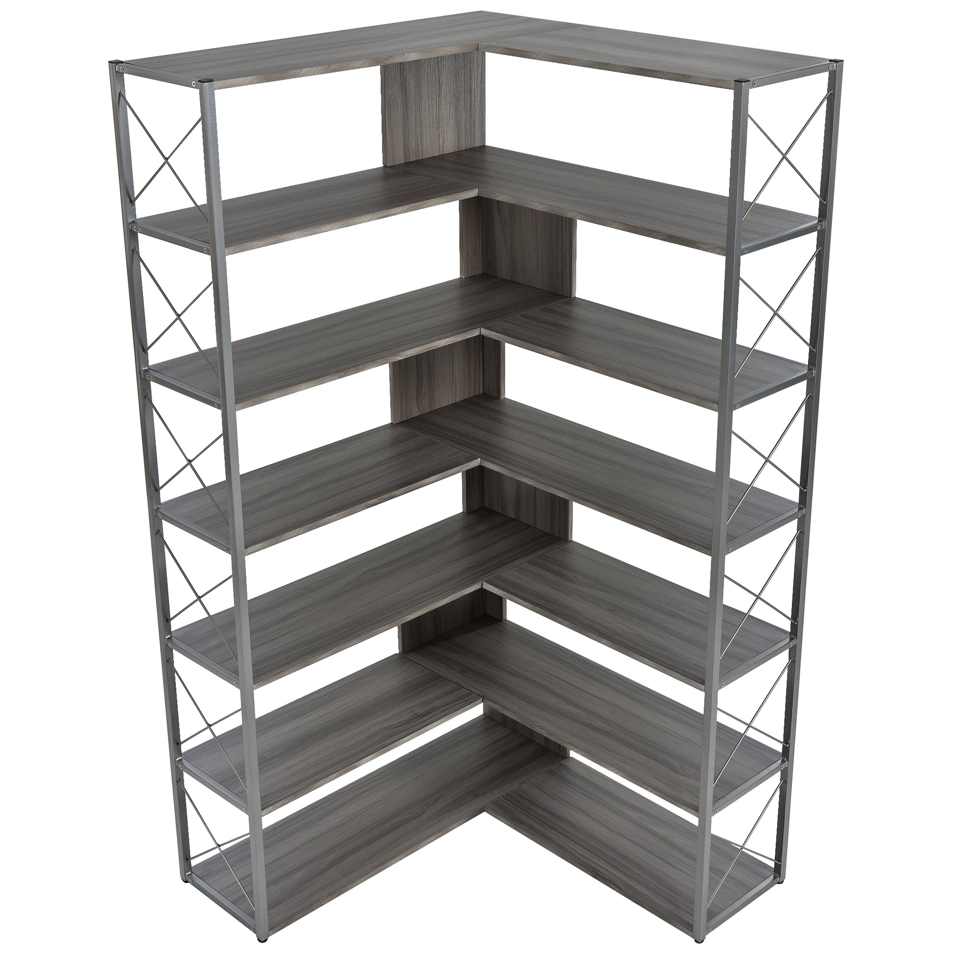 Silver Grey 7 Tier Bookcase Home Office Bookshelf, L Shaped Corner Bookcase With Metal Frame, Industrial Style Shelf With Open Storage, Mdf Board Silver Grey Mdf