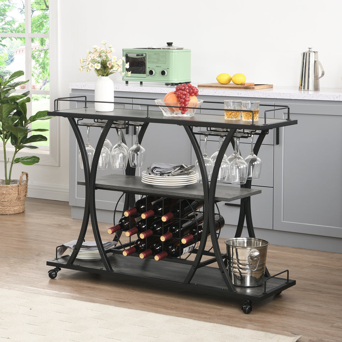 Industrial Bar Cart Kitchen Bar&Serving Cart For Home With Wheels 3 Tier Storage Shelves Black Gray Mdf Iron