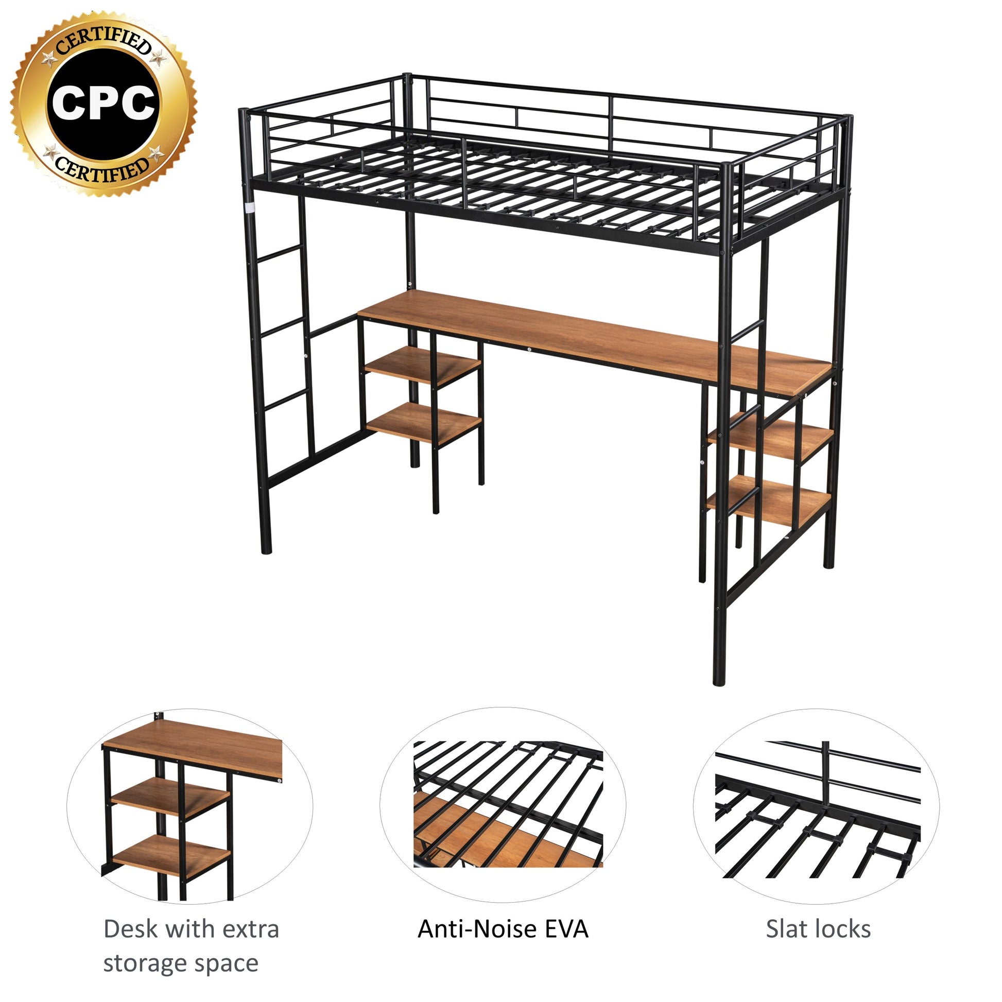 Twin Size Loft Bed With Table & Shelves Heavy Duty Sturdy Metal Built In Table & Shelves Noise Reduced Safety Guardrail 2 Side Ladders Cpc Certified No Box Spring Needed Black Metal