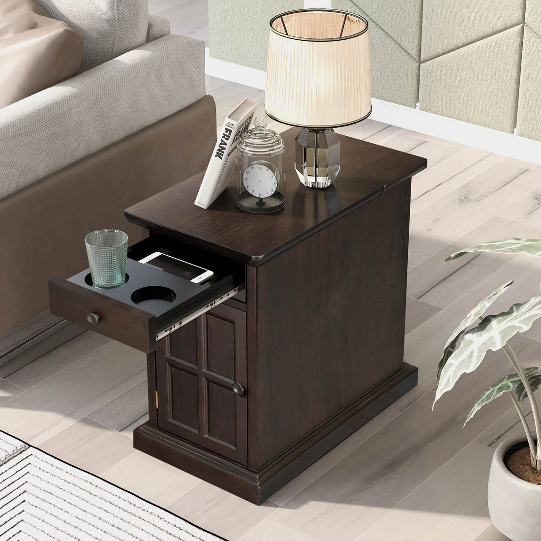 Classic Vintage Livingroom End Table Side Table With Usb Ports And One Multifunctional Drawer With Cup Holders, Antique Espresso Antique Espresso Solid Wood