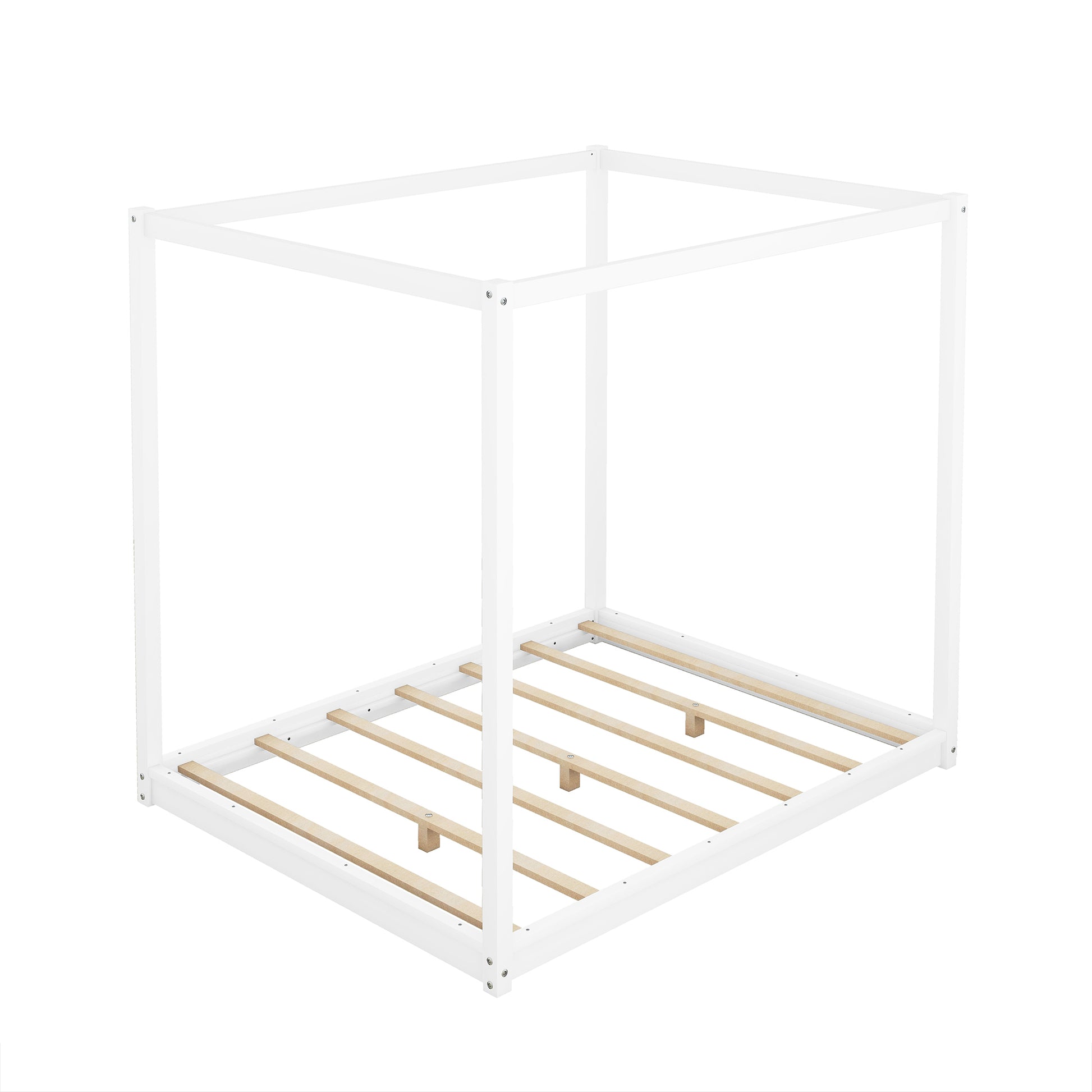 Queen Size Canopy Platform Bed With Support Legs,White White Pine