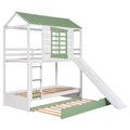 Twin Over Twin Size House Bunk Bed With Convertible Slide And Trundle, White Green White Pine