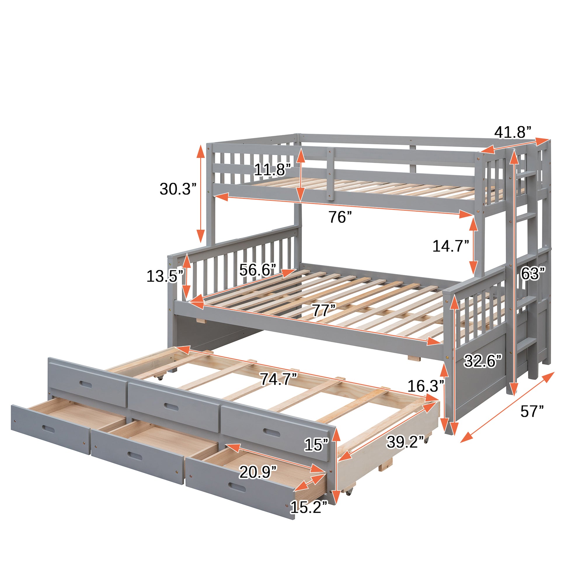 Twin Over Full Bunk Bed With Twin Size Trundleseparable Bunk Bed With Drawers For Bedroom Gray Gray Solid Wood