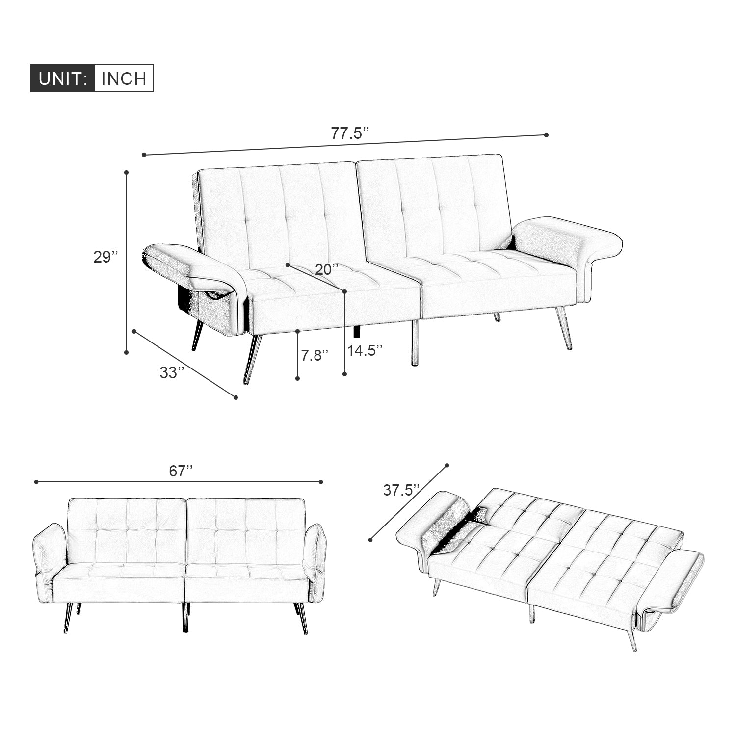 78" Italian Velvet Futon Sofa Bed, Convertible Sleeper Loveseat Couch With Folded Armrests And Storage Bags For Living Room And Small Space, Beige 280G Velvet Beige Foam Solid Wood