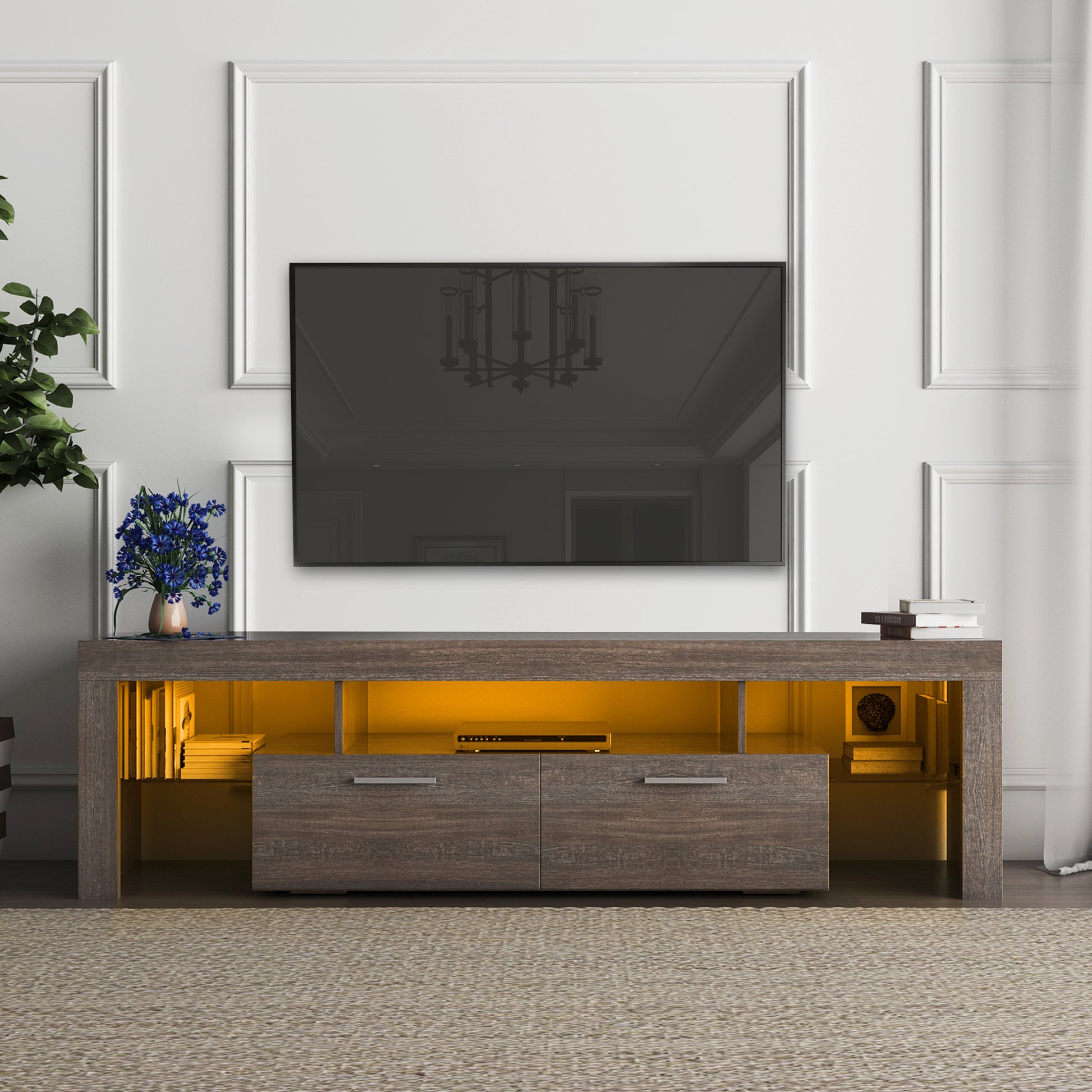 Fashiontvstandtvcabinet,Entertainmentcenter,Tvstationtv Console,Media Console,With Ledlight Belt,Light Belt Remote Control,Toughenedglassshelf,Metal Handle,Canbeplaced In The Living Room,Bedroom,Brown Brown Primary Living Space 60 69 Inches Foam Particle