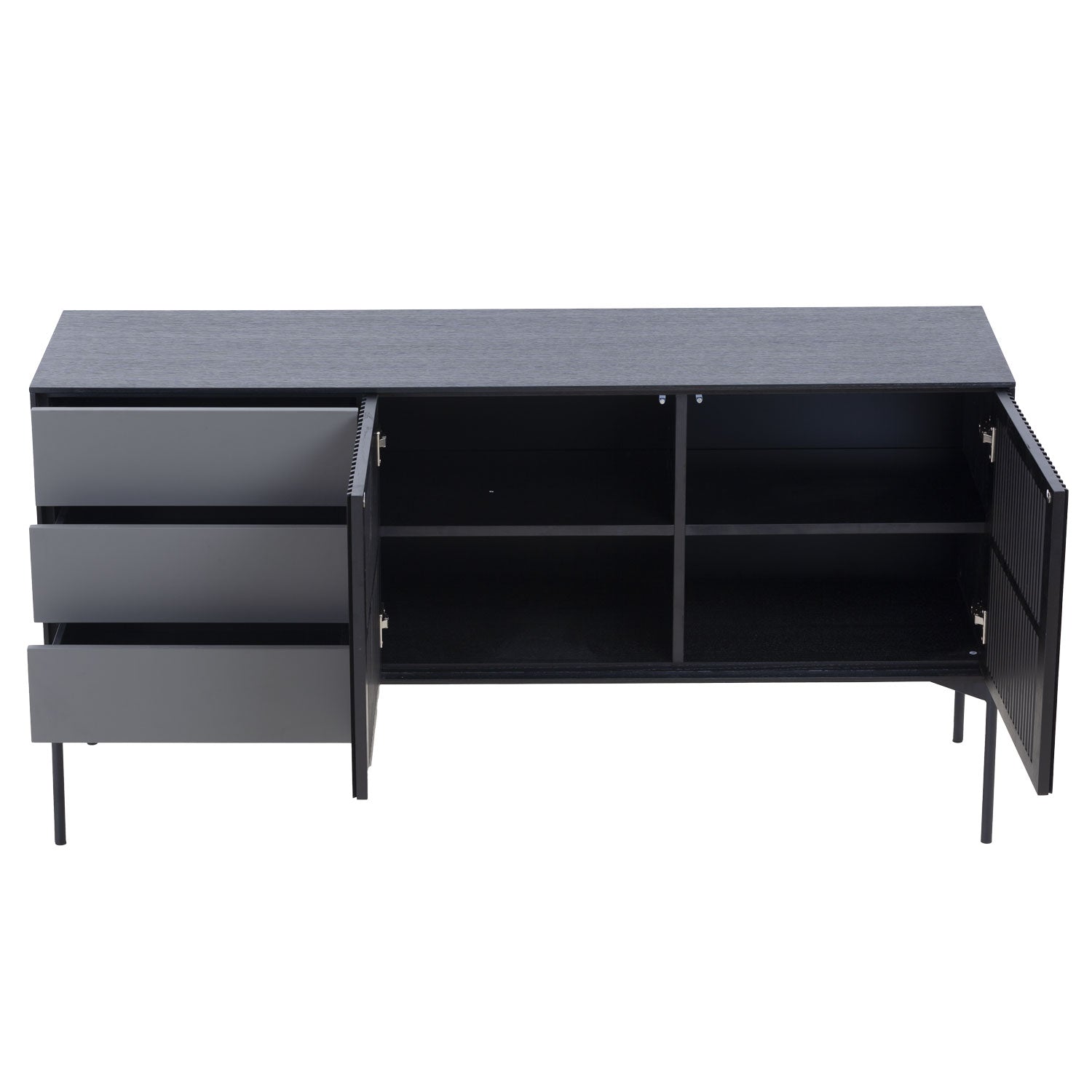 62.4" Mid Century Sideboard Cabinet Buffet Table Kitchen Storage Cabinet Coffee Bar Cabinet For Home Kitchen, Dining Room, Livingroom Black Wood Stainless Steel