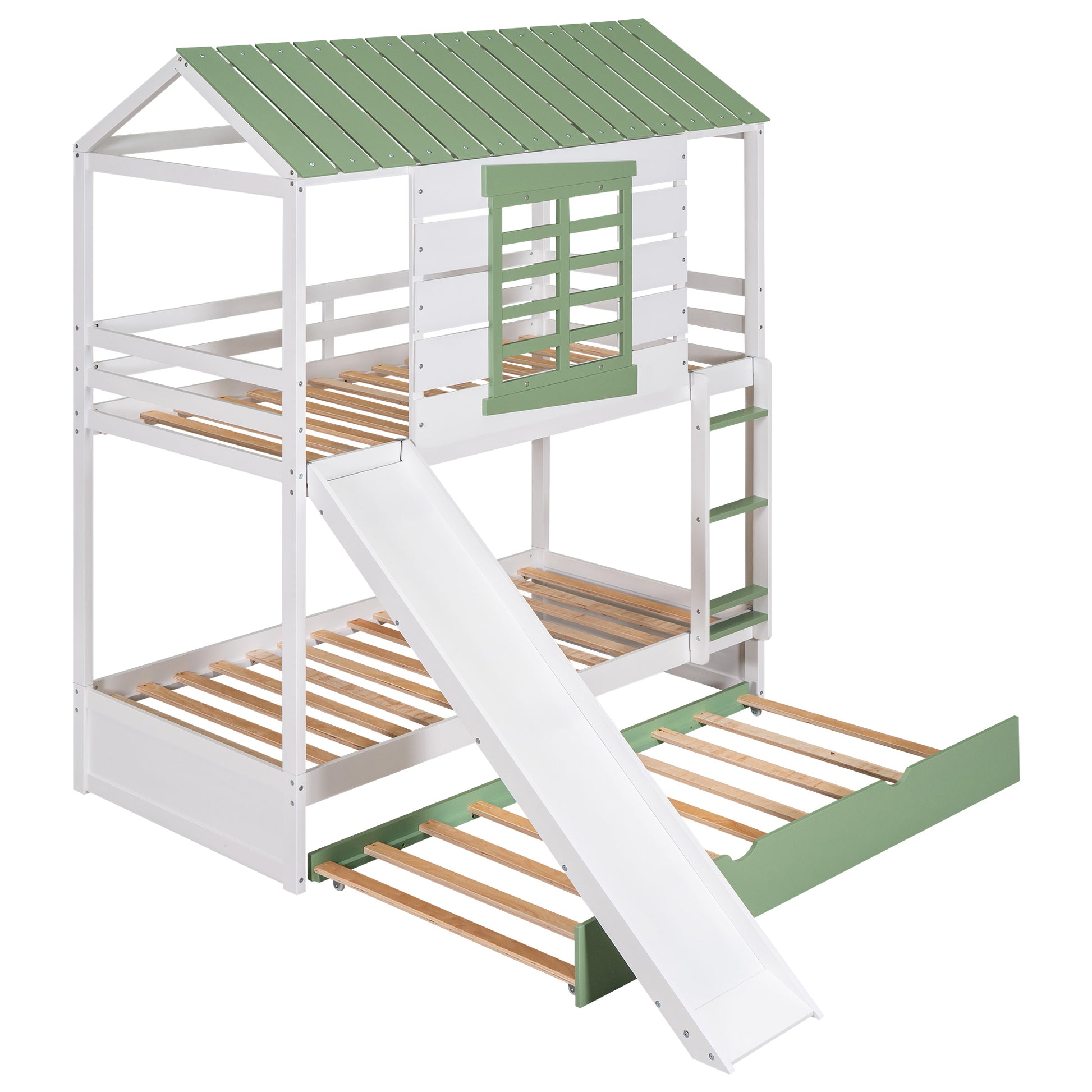 Twin Over Twin Size House Bunk Bed With Convertible Slide And Trundle, White Green White Pine