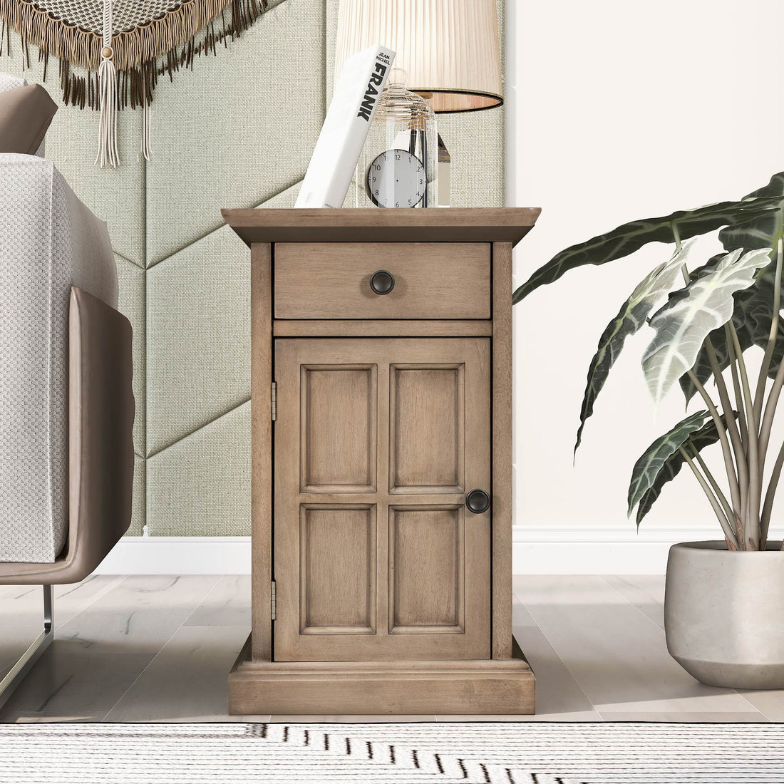 Classic Vintage Livingroom End Table Side Table With Usb Ports And One Multifunctional Drawer With Cup Holders, Antique Brown Antique Brown Solid Wood