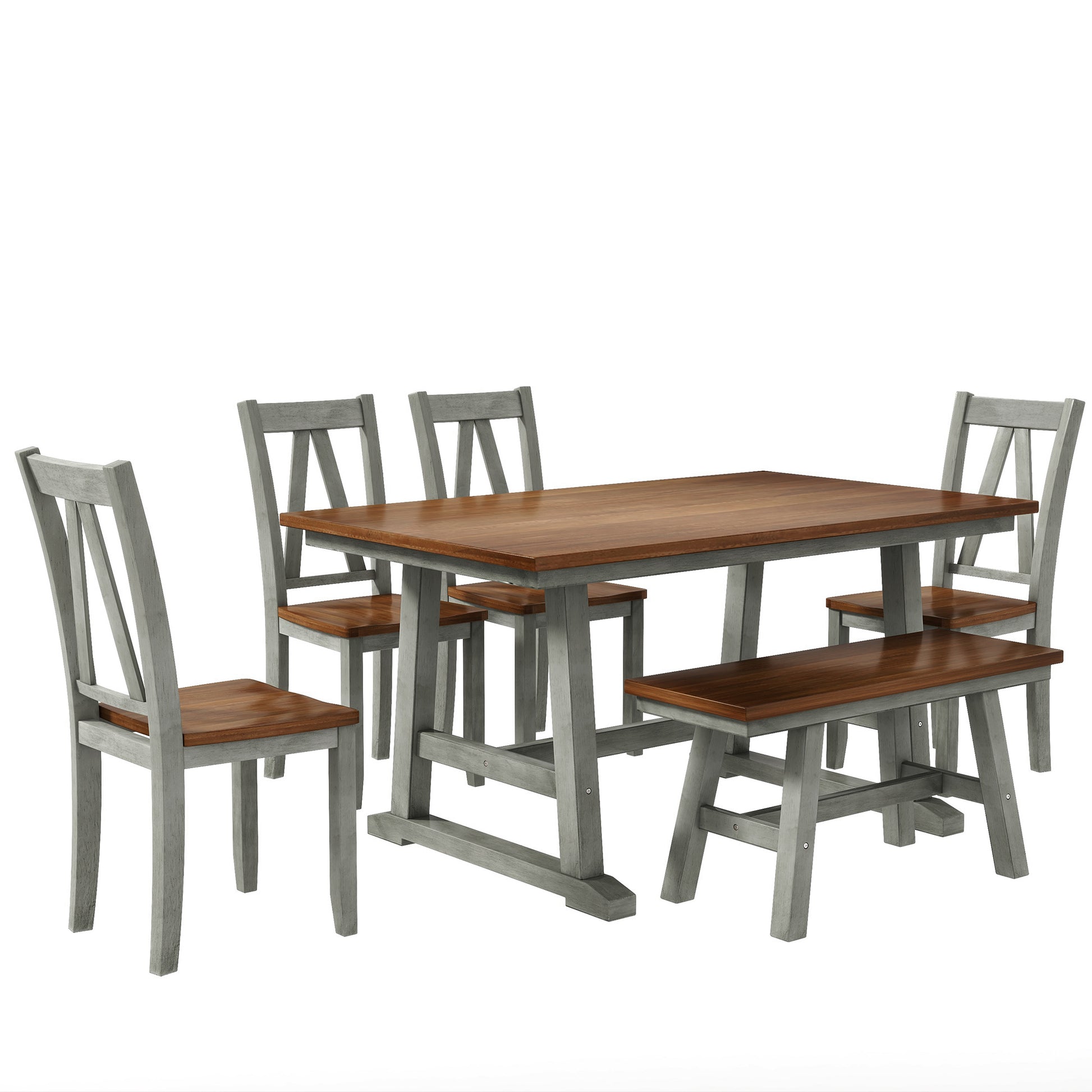 6 Piece Wood Dining Table Set Kitchen Table Set With Long Bench And 4 Dining Chairs, Farmhouse Style, Walnut Gray Gray Wood Dining Room Bench Seating Rubberwood Rectangular Dining Table With Chair And Bench Wood Wood Gray Solid Back Seats 6 60 Inches