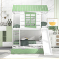 Twin Over Twin Size House Bunk Bed With Convertible Slide And Trundle, White Green White Pine