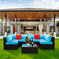 5 Pieces Pe Rattan Sectional Outdoor Furniture Cushioned U Sofa Set With 2 Pillow Yes Sectional Black Blue Rust Resistant Frame Mildew Resistant Cushion Garden & Outdoor Modern Complete Patio Sets Fiber Foam And Polyester Fiber Pad Rattan