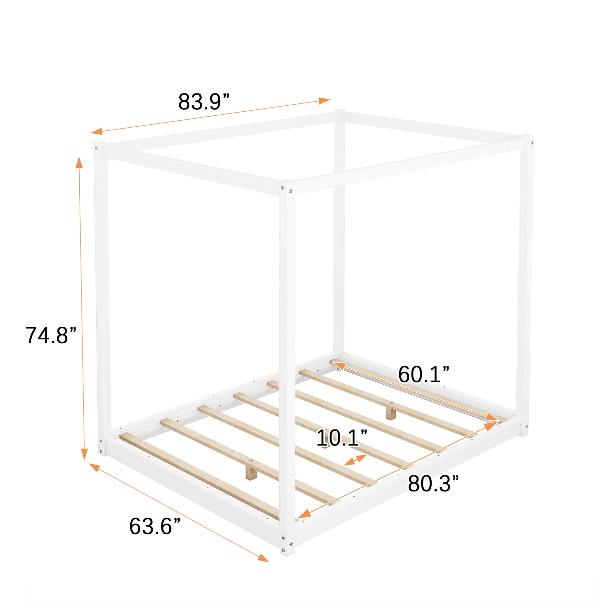 Queen Size Canopy Platform Bed With Support Legs,White White Pine