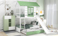 Twin Over Twin Size House Bunk Bed With Convertible Slide And Trundle, White Green White Pine