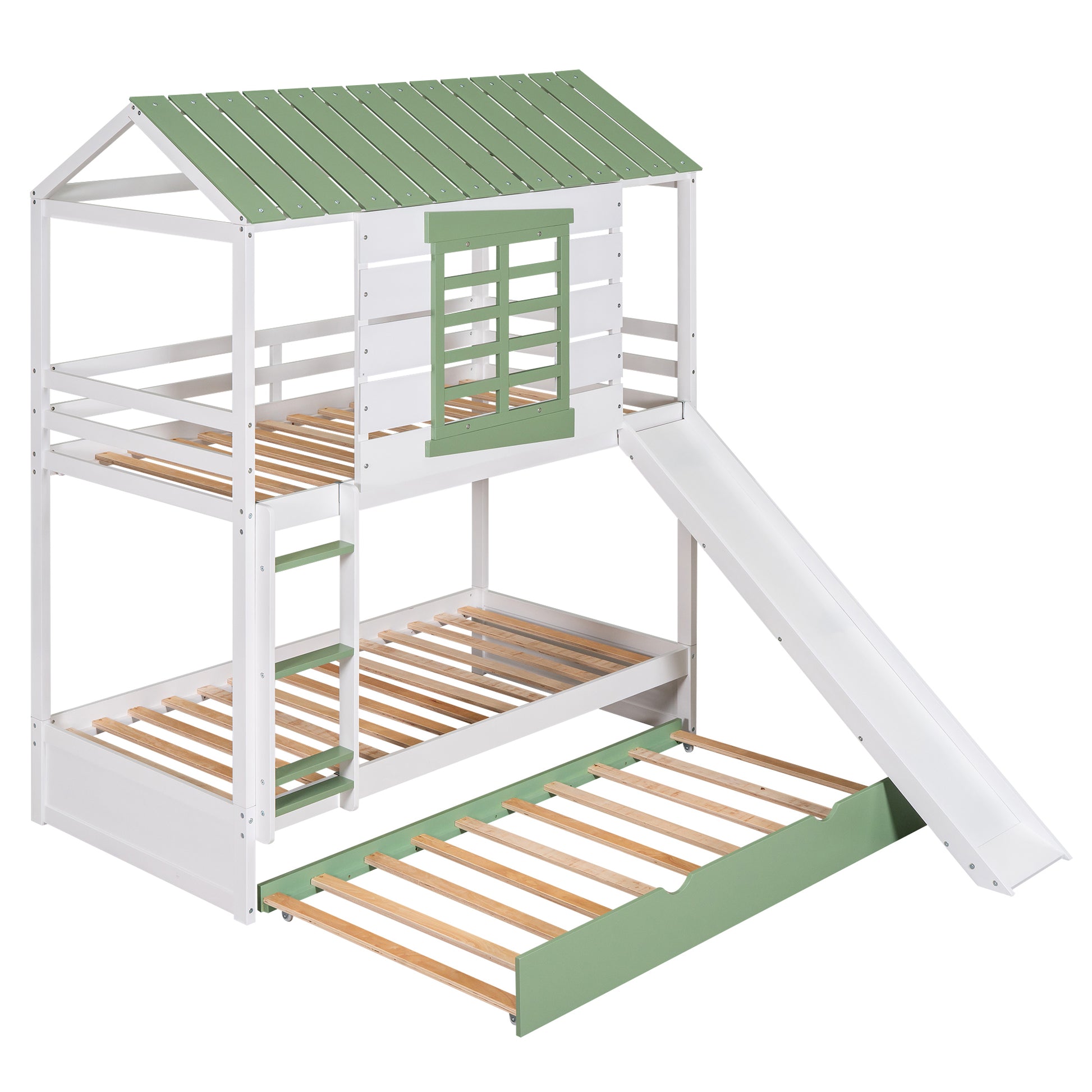 Twin Over Twin Size House Bunk Bed With Convertible Slide And Trundle, White Green White Pine