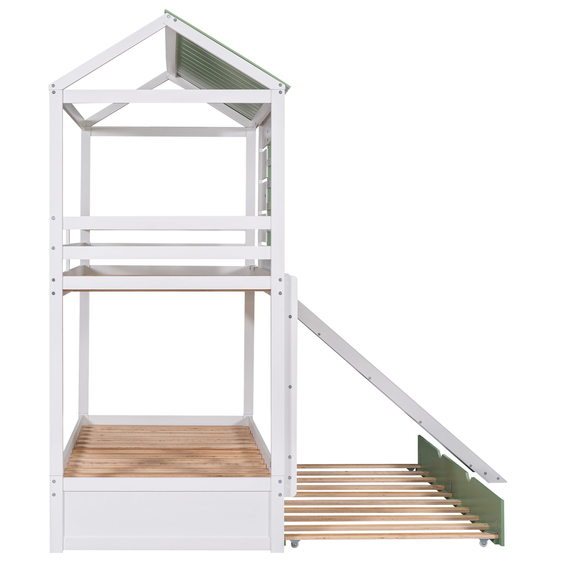 Twin Over Twin Size House Bunk Bed With Convertible Slide And Trundle, White Green White Pine