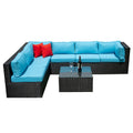 5 Pieces Pe Rattan Sectional Outdoor Furniture Cushioned U Sofa Set With 2 Pillow Yes Sectional Black Blue Rust Resistant Frame Mildew Resistant Cushion Garden & Outdoor Modern Complete Patio Sets Fiber Foam And Polyester Fiber Pad Rattan