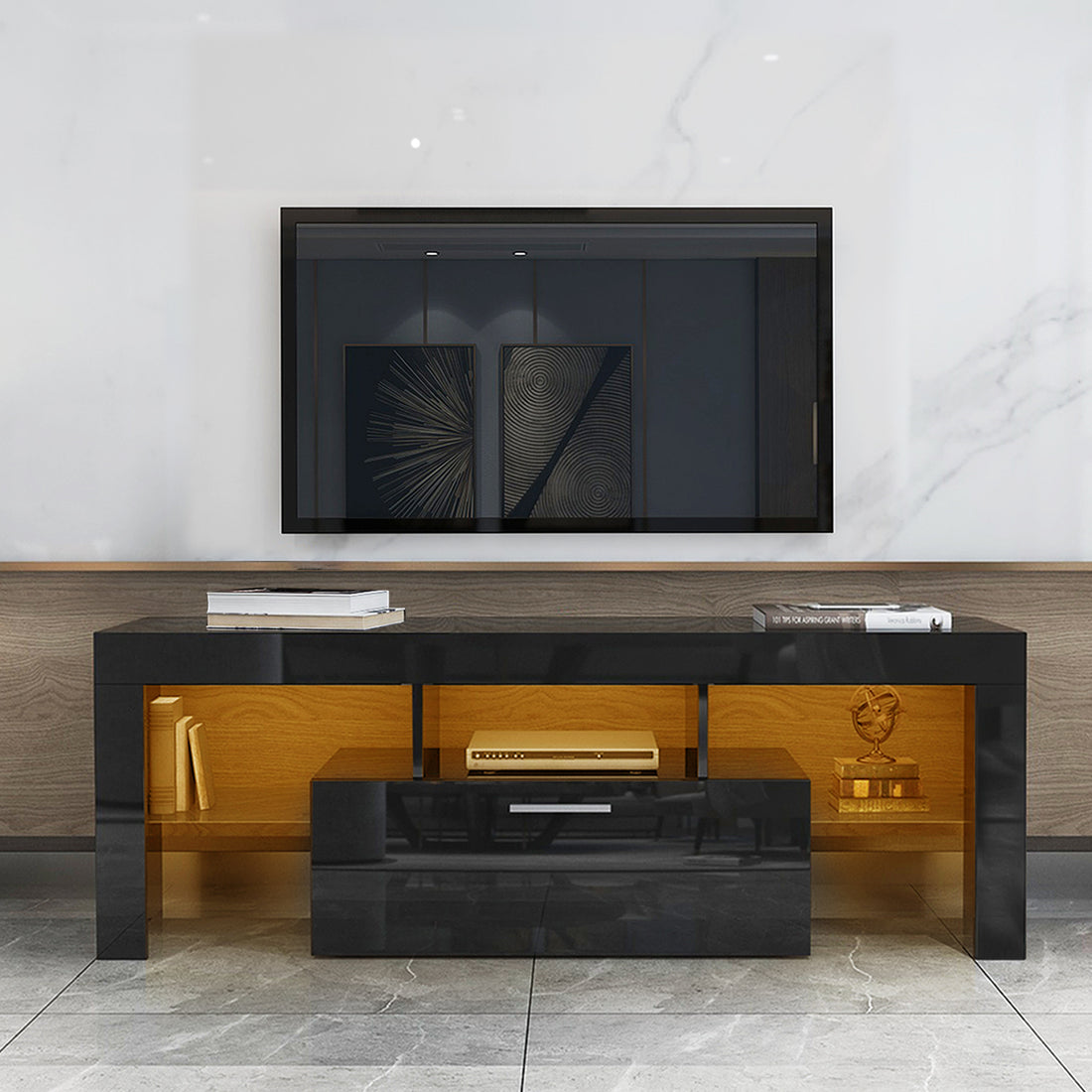 Fashiontvstandtvcabinet,Entertainmentcenter,Tvstationtv Console,Media Console,With Ledlight Belt,Light Belt Remote Control,Toughenedglassshelf,Metal Handle,Canbeplaced In The Living Room,Bedroom,Black Black Primary Living Space 50 59 Inches 50 59 Inches