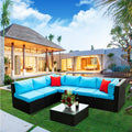 5 Pieces Pe Rattan Sectional Outdoor Furniture Cushioned U Sofa Set With 2 Pillow Yes Sectional Black Blue Rust Resistant Frame Mildew Resistant Cushion Garden & Outdoor Modern Complete Patio Sets Fiber Foam And Polyester Fiber Pad Rattan