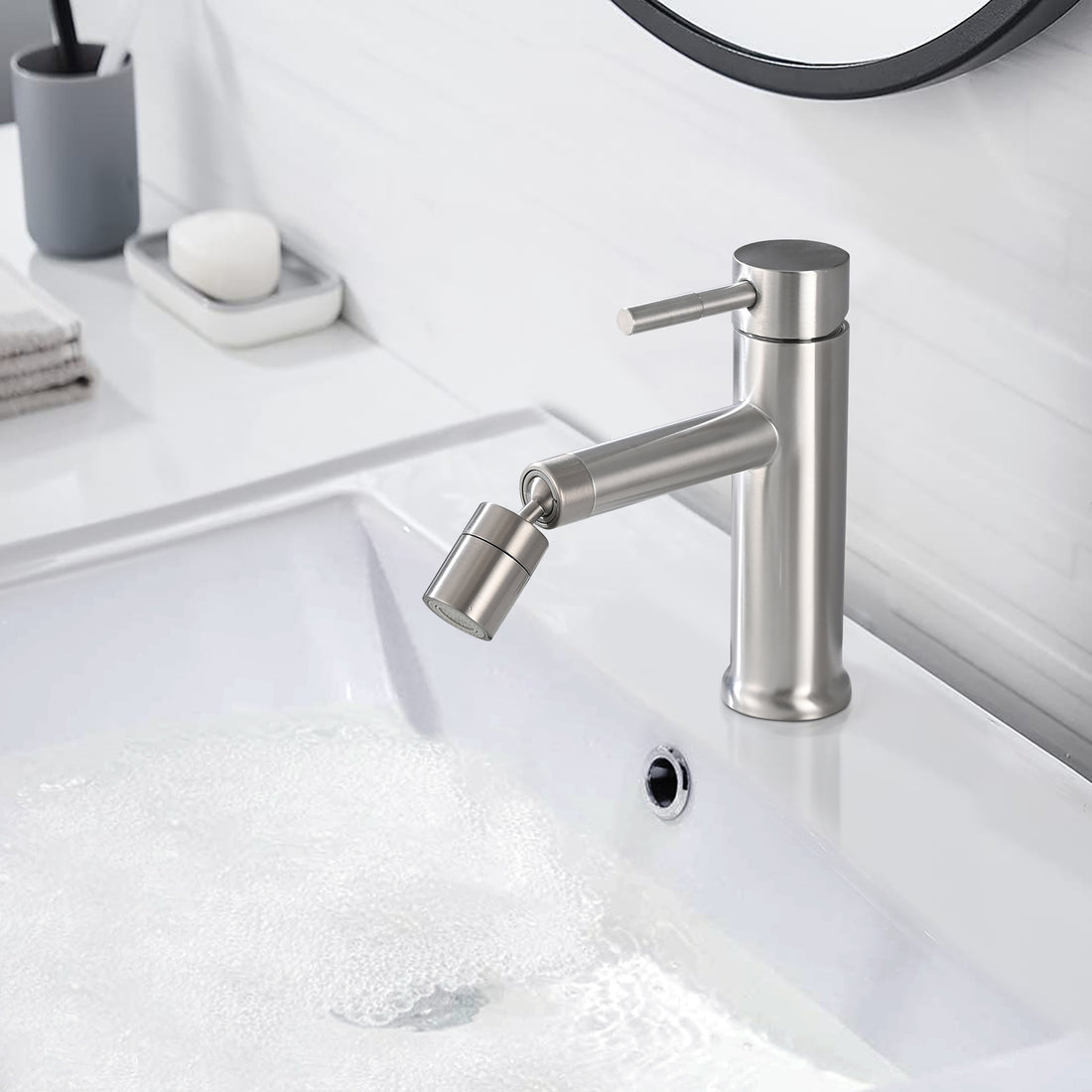 Brushed Nickle Bathroom Faucet For 2 Mode Faucet For Bathroom Sink With 360 Rotating Aerator Brushed Nickel Stainless Steel