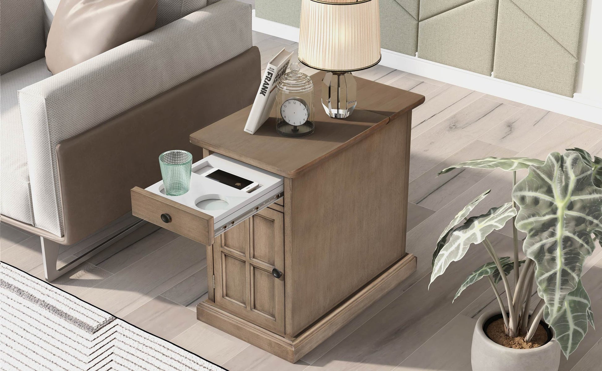 Classic Vintage Livingroom End Table Side Table With Usb Ports And One Multifunctional Drawer With Cup Holders, Antique Brown Antique Brown Solid Wood