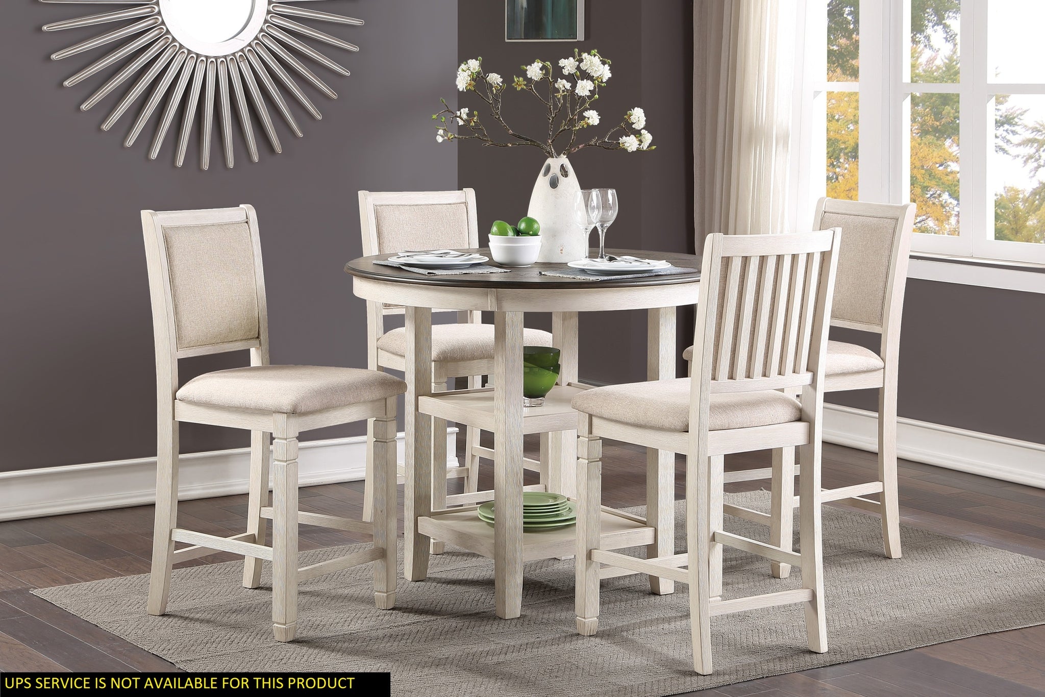 Antique White And Brown Finish 5Pc Counter Height Dining Set Table W Built In Shelves And 4X Counter Height Chairs Wooden Dining Room Furniture Antique White Seats 4 Dining Room Transitional Round Dining Table With Chair Wood