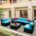 5 Pieces Pe Rattan Sectional Outdoor Furniture Cushioned U Sofa Set With 2 Pillow Yes Sectional Black Blue Rust Resistant Frame Mildew Resistant Cushion Garden & Outdoor Modern Complete Patio Sets Fiber Foam And Polyester Fiber Pad Rattan