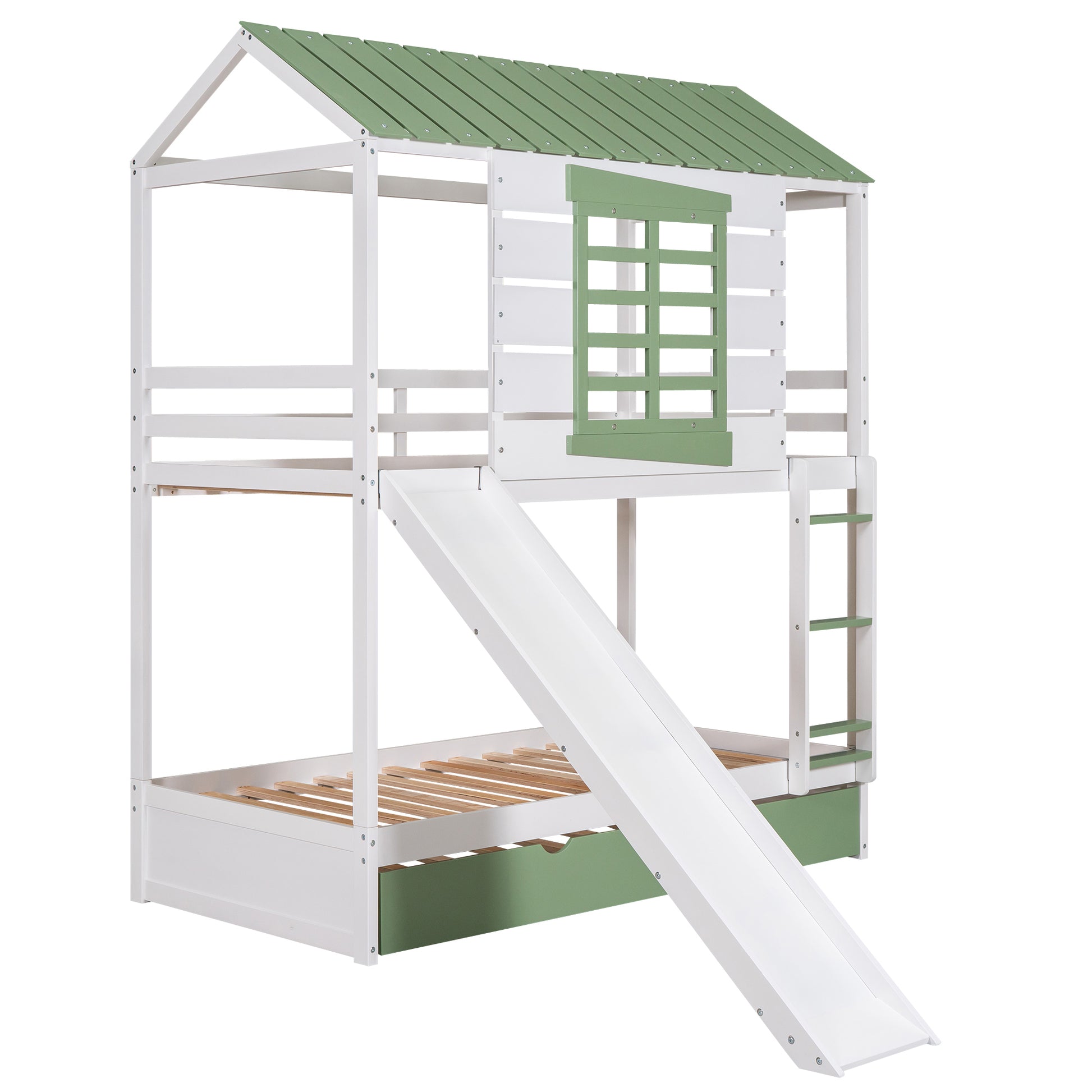 Twin Over Twin Size House Bunk Bed With Convertible Slide And Trundle, White Green White Pine