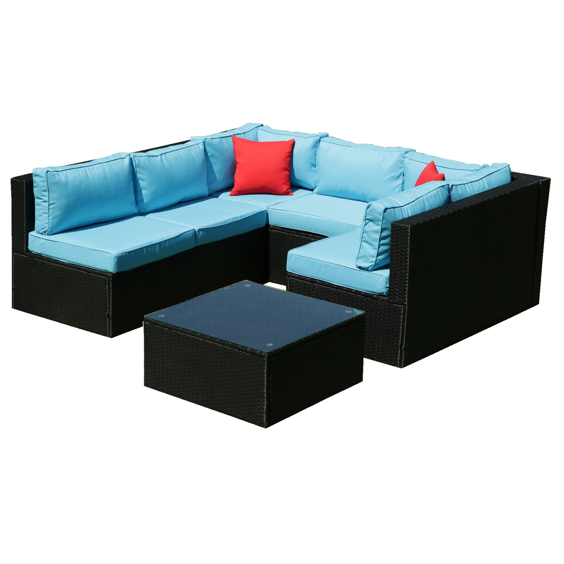 5 Pieces Pe Rattan Sectional Outdoor Furniture Cushioned U Sofa Set With 2 Pillow Yes Sectional Black Blue Rust Resistant Frame Mildew Resistant Cushion Garden & Outdoor Modern Complete Patio Sets Fiber Foam And Polyester Fiber Pad Rattan