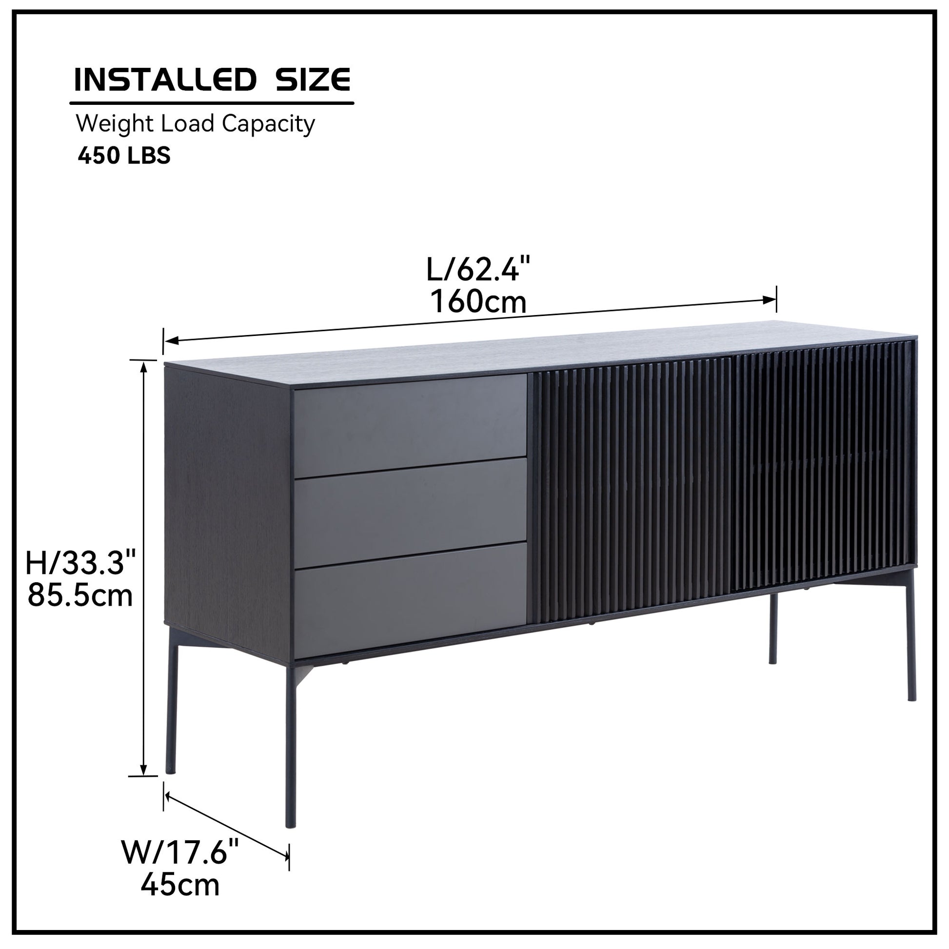 62.4" Mid Century Sideboard Cabinet Buffet Table Kitchen Storage Cabinet Coffee Bar Cabinet For Home Kitchen, Dining Room, Livingroom Black Wood Stainless Steel