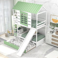 Twin Over Twin Size House Bunk Bed With Convertible Slide And Trundle, White Green White Pine