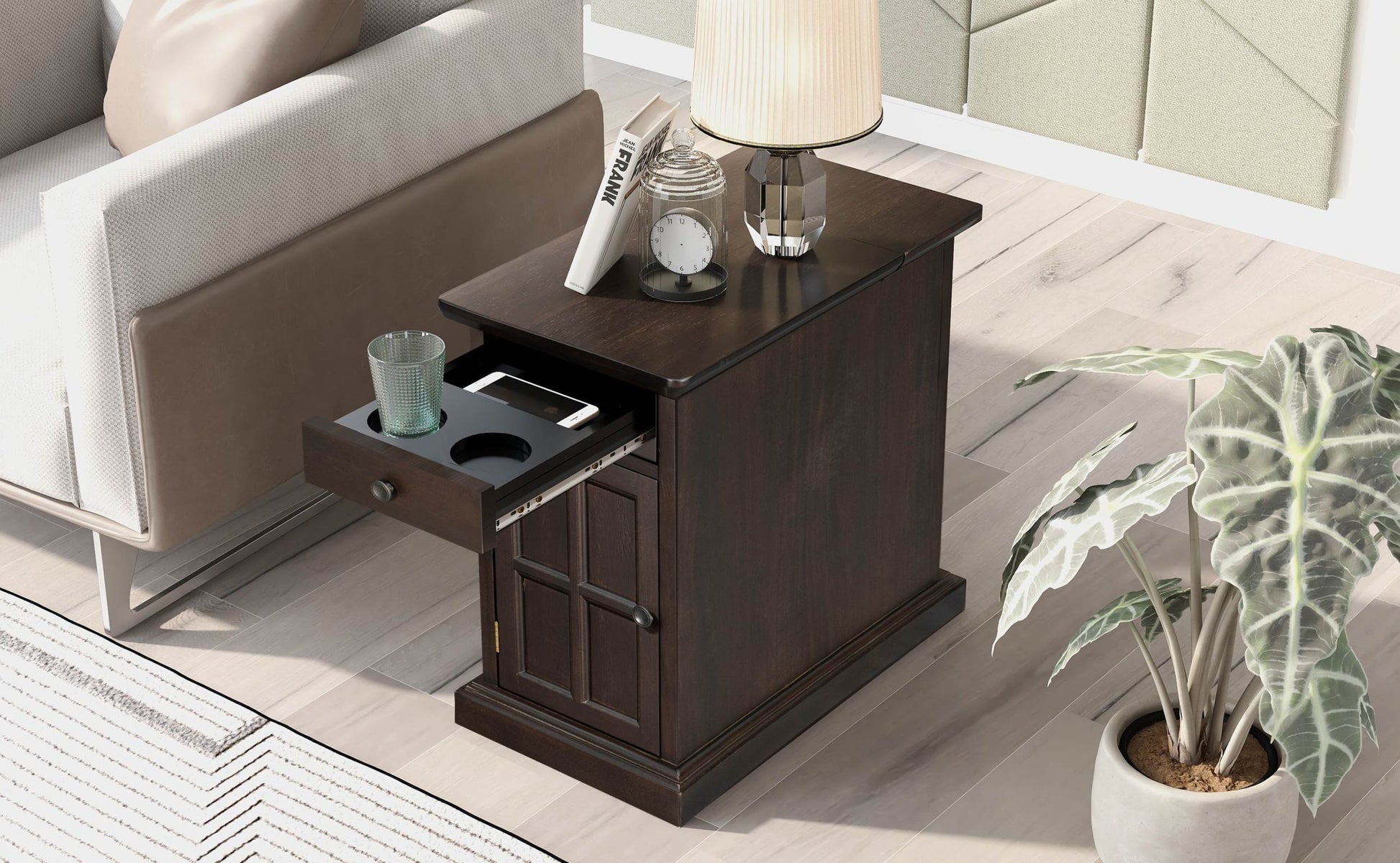 Classic Vintage Livingroom End Table Side Table With Usb Ports And One Multifunctional Drawer With Cup Holders, Antique Espresso Antique Espresso Solid Wood