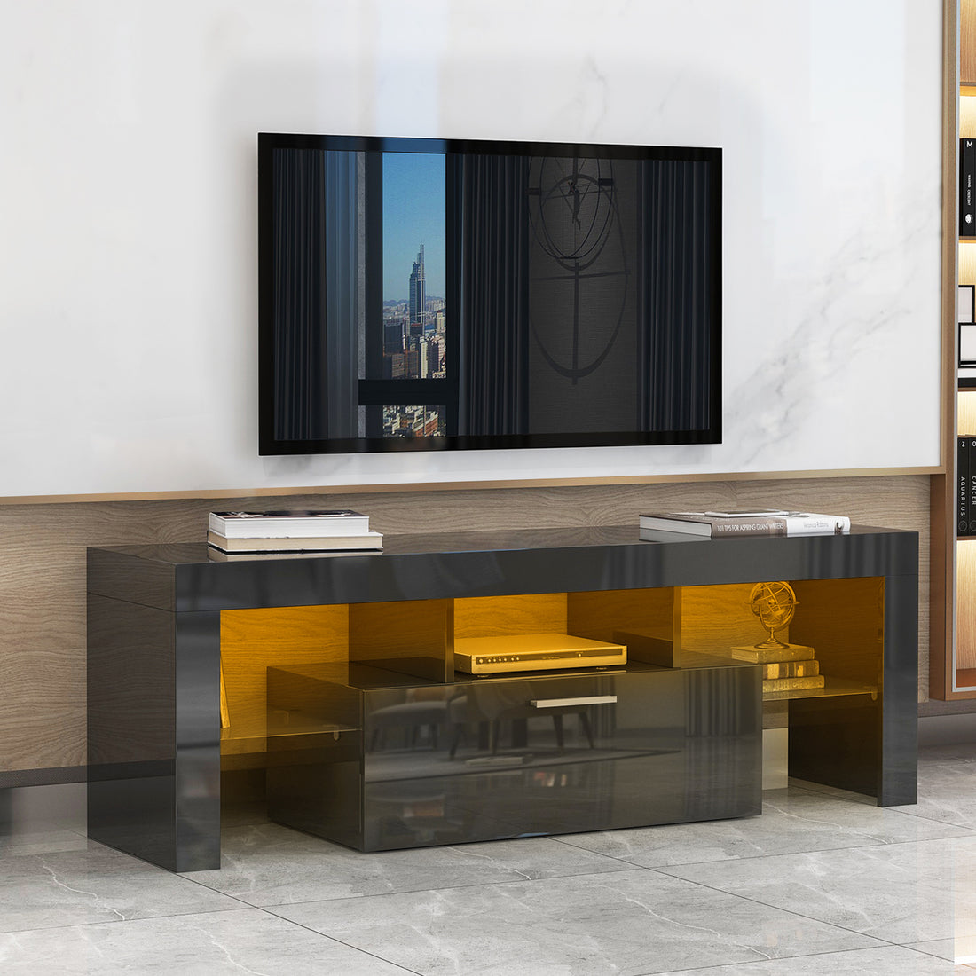 Fashiontvstandtvcabinet,Entertainmentcenter,Tvstationtv Console,Media Console,With Ledlight Belt,Light Belt Remote Control,Toughenedglassshelf,Metal Handle,Canbeplaced In The Living Room,Bedroom,Black Black Primary Living Space 50 59 Inches 50 59 Inches