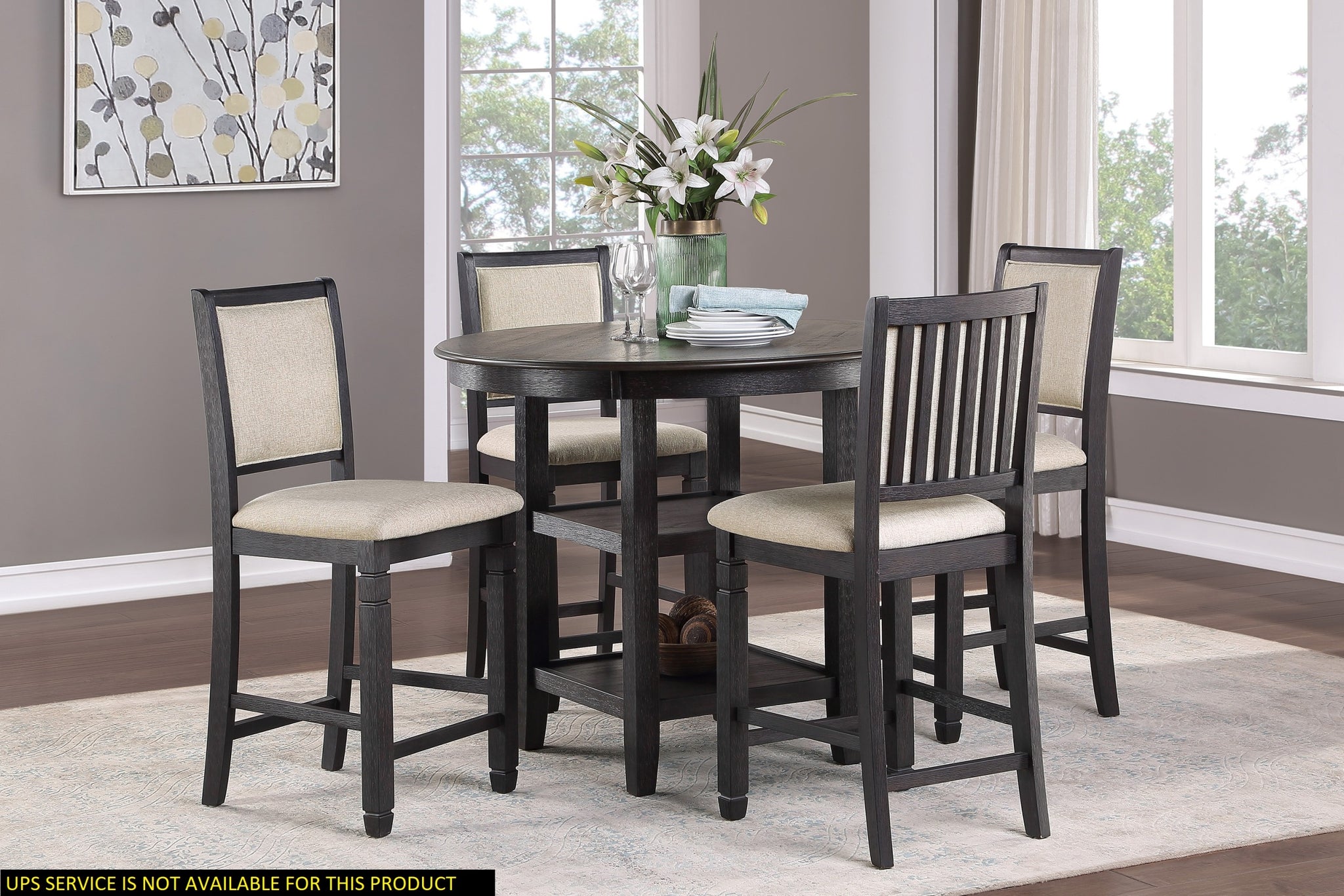 5Pc Counter Height Dining Set Table W Built In Shelves And 4X Counter Height Chairs Black And Brown Finish Wooden Dining Room Furniture Black Seats 4 Dining Room Transitional Round Dining Table With Chair Wood