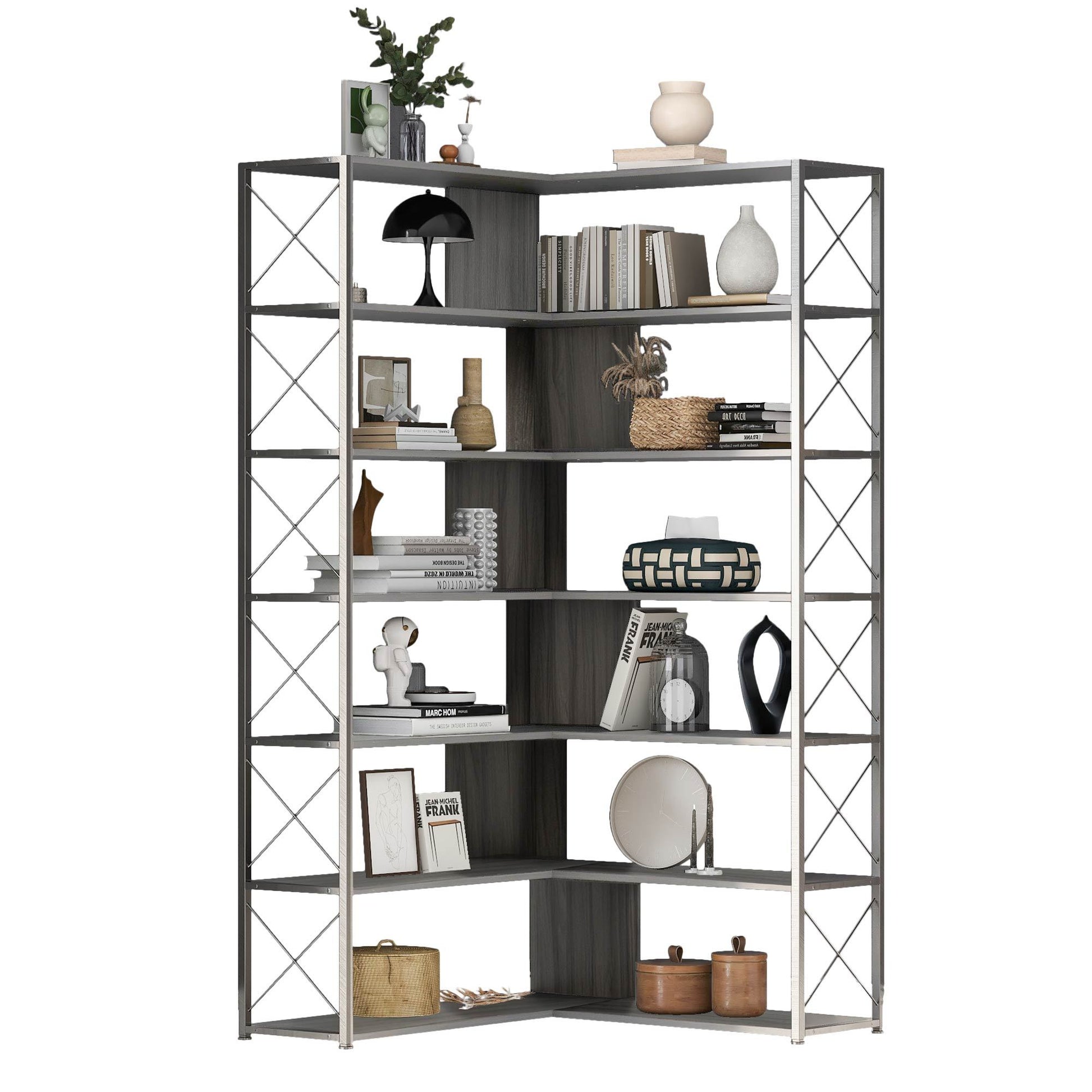 Silver Grey 7 Tier Bookcase Home Office Bookshelf, L Shaped Corner Bookcase With Metal Frame, Industrial Style Shelf With Open Storage, Mdf Board Silver Grey Mdf