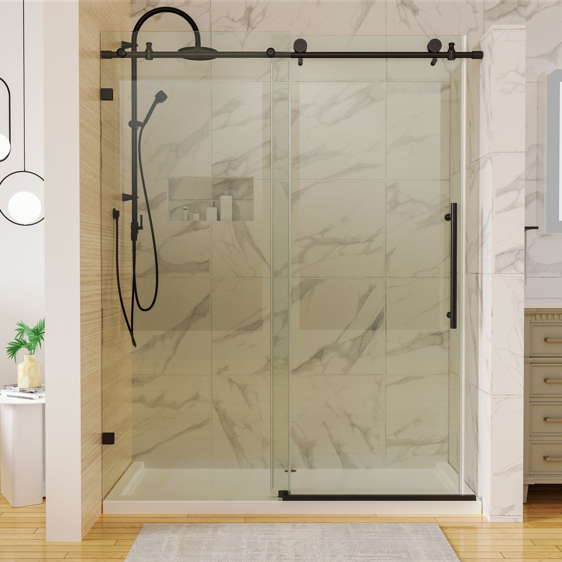 60 In. W X 74 In. H Sliding Frameless Shower Door In Matte Black With 5 16 In. 8 Mm Clear Glass Matte Black Aluminium