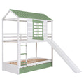 Twin Over Twin Size House Bunk Bed With Convertible Slide And Trundle, White Green White Pine