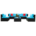 5 Pieces Pe Rattan Sectional Outdoor Furniture Cushioned U Sofa Set With 2 Pillow Yes Sectional Black Blue Rust Resistant Frame Mildew Resistant Cushion Garden & Outdoor Modern Complete Patio Sets Fiber Foam And Polyester Fiber Pad Rattan