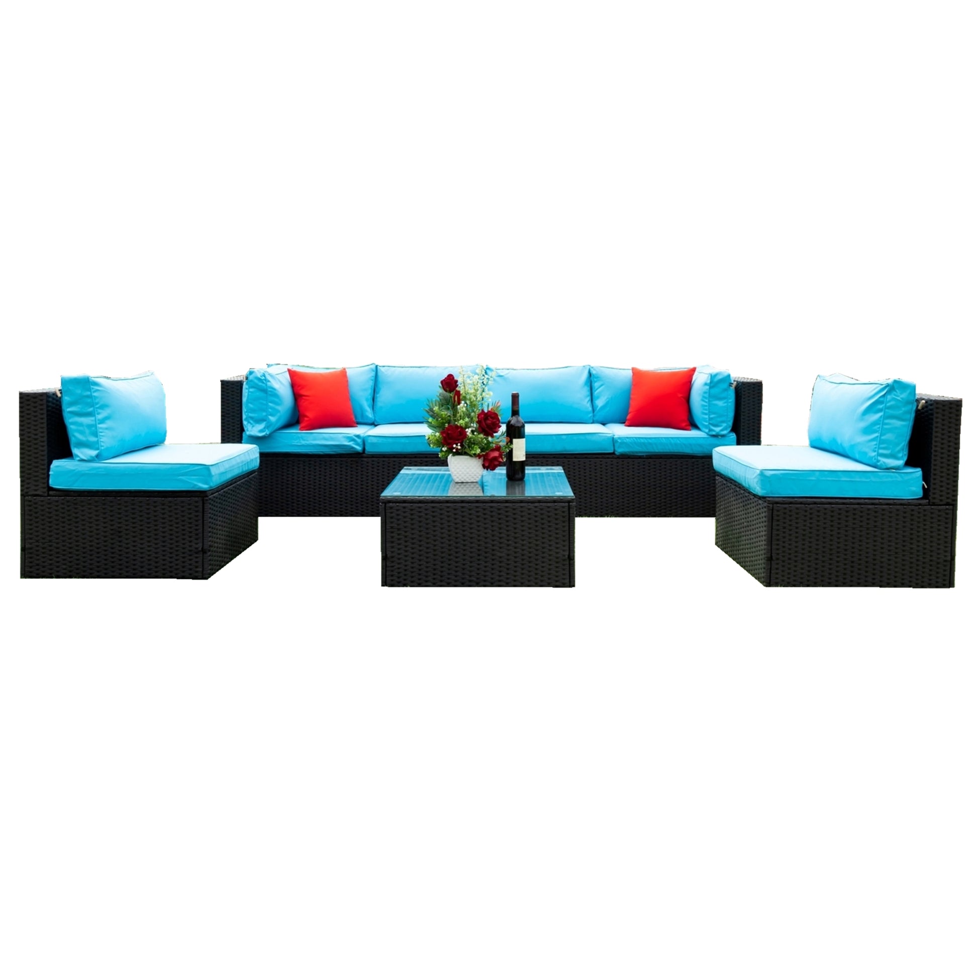 5 Pieces Pe Rattan Sectional Outdoor Furniture Cushioned U Sofa Set With 2 Pillow Yes Sectional Black Blue Rust Resistant Frame Mildew Resistant Cushion Garden & Outdoor Modern Complete Patio Sets Fiber Foam And Polyester Fiber Pad Rattan