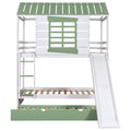 Twin Over Twin Size House Bunk Bed With Convertible Slide And Trundle, White Green White Pine