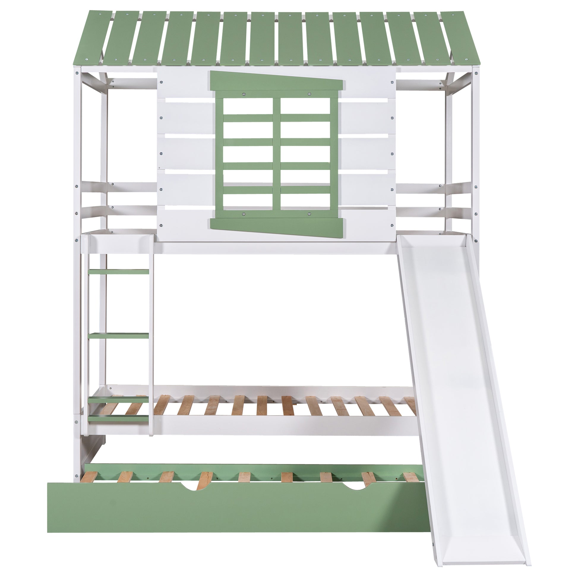 Twin Over Twin Size House Bunk Bed With Convertible Slide And Trundle, White Green White Pine