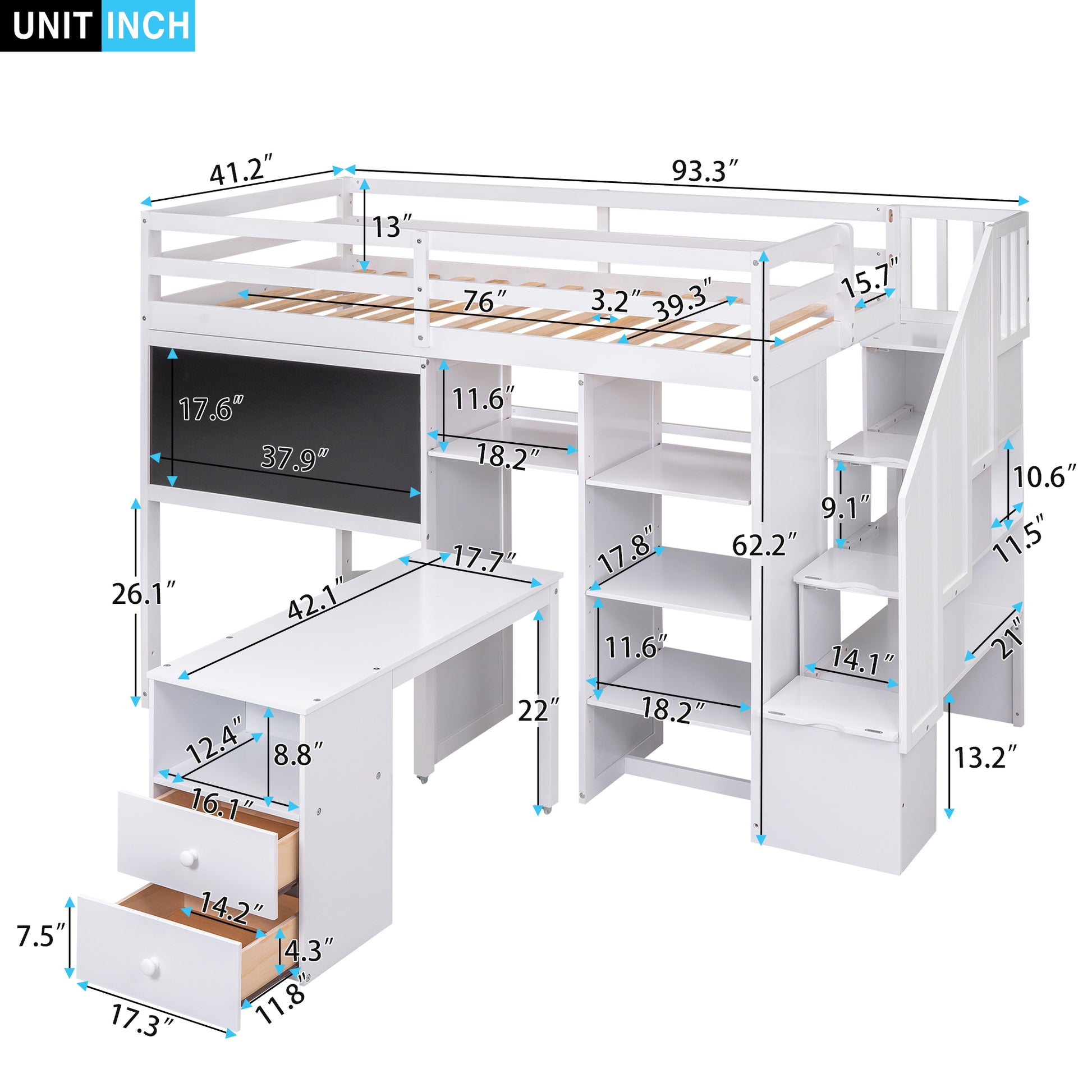 Twin Size Loft Bed With Pullable Desk And Storage Shelves,Staircase And Blackboard,White White Pine