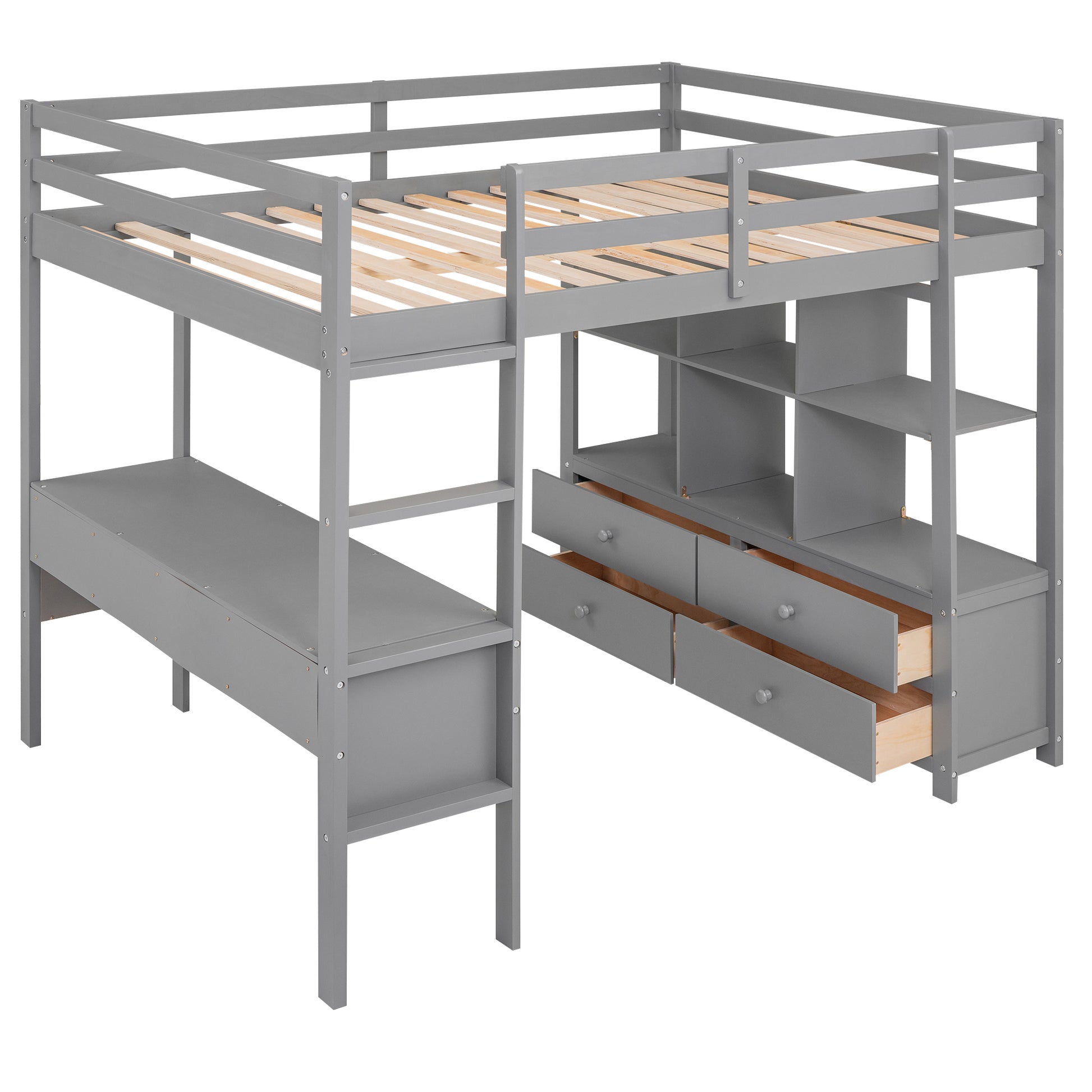 Full Size Loft Bed With Built In Desk With Two Drawers, And Storage Shelves And Drawers,Gray Old Sku: Gx000320Aae Box Spring Not Required Full Gray Wood Bedroom Pine