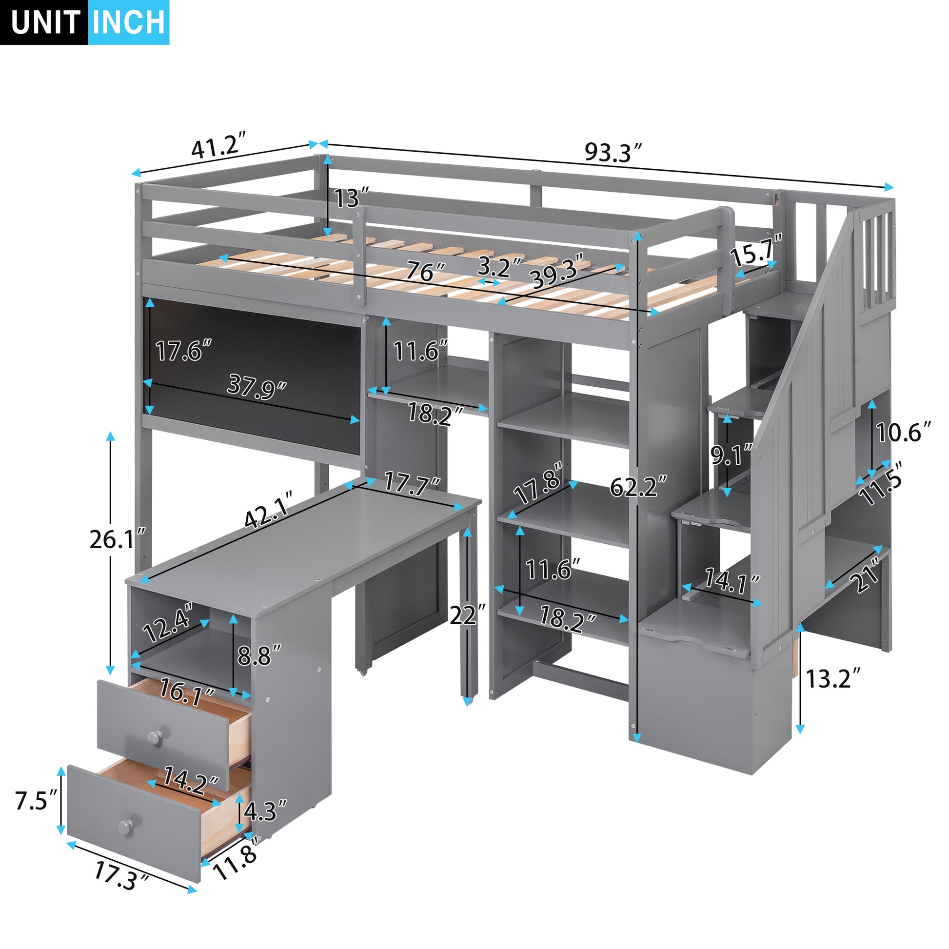 Twin Size Loft Bed With Pullable Desk And Storage Shelves,Staircase And Blackboard,Gray Gray Pine