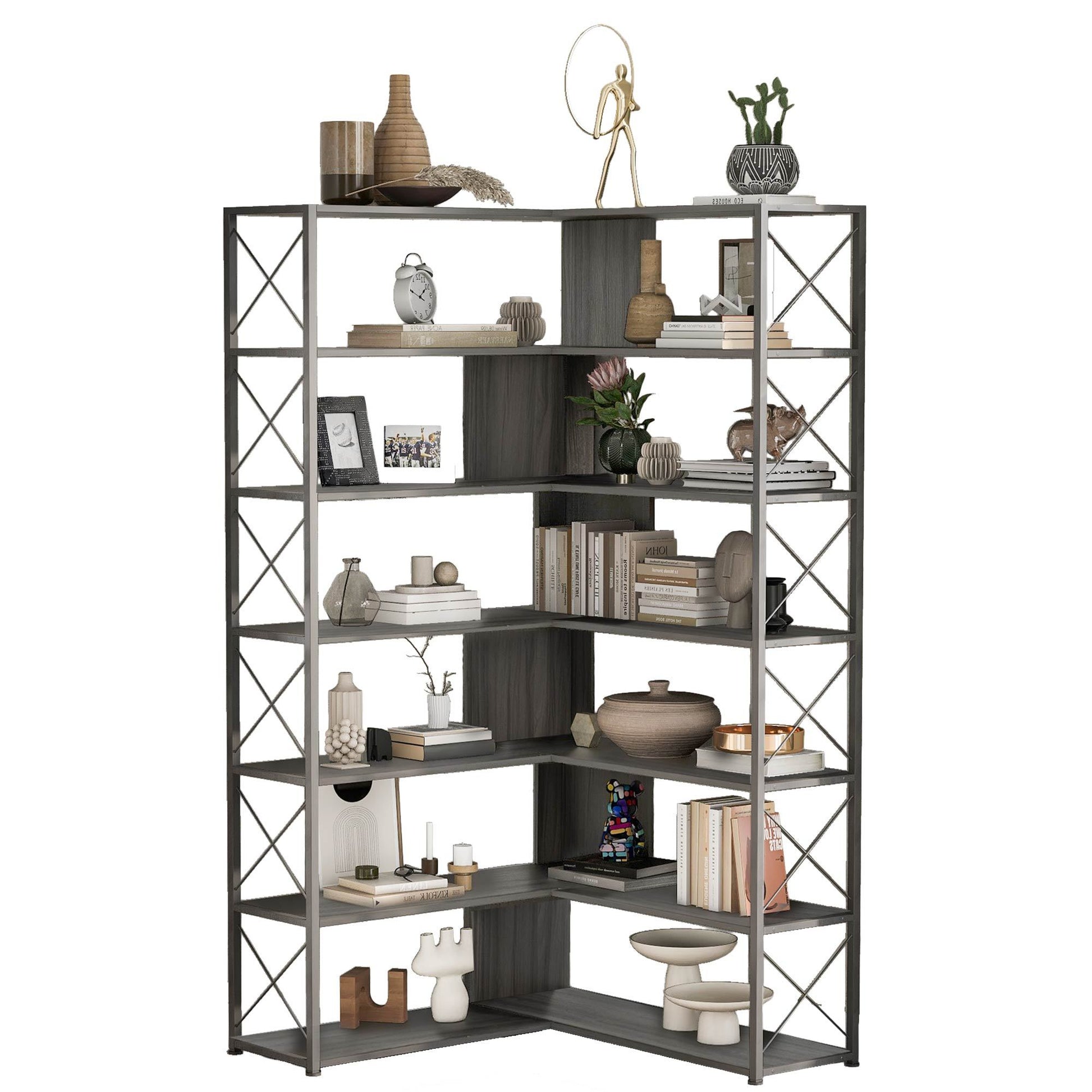 Silver Grey 7 Tier Bookcase Home Office Bookshelf, L Shaped Corner Bookcase With Metal Frame, Industrial Style Shelf With Open Storage, Mdf Board Silver Grey Mdf