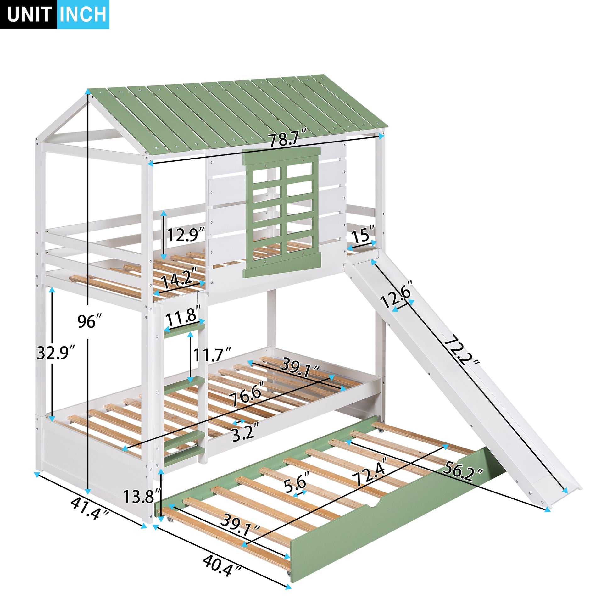 Twin Over Twin Size House Bunk Bed With Convertible Slide And Trundle, White Green White Pine