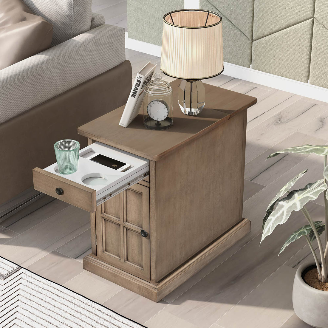 Classic Vintage Livingroom End Table Side Table With Usb Ports And One Multifunctional Drawer With Cup Holders, Antique Brown Antique Brown Solid Wood