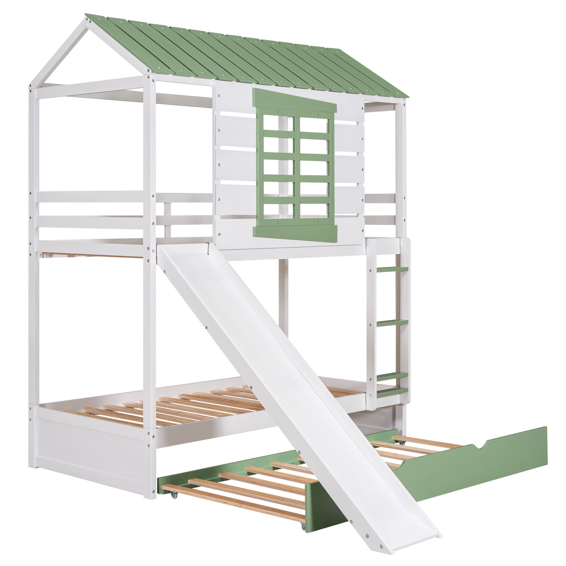 Twin Over Twin Size House Bunk Bed With Convertible Slide And Trundle, White Green White Pine