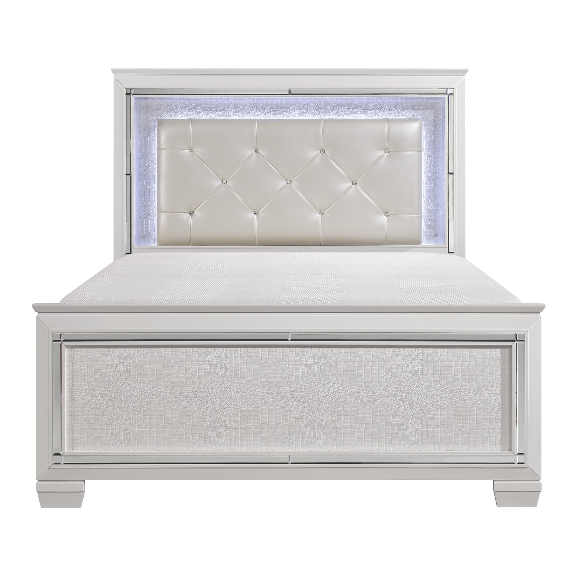 Glamorous Design Bedroom Furniture 1Pc Queen Bed Button Tufted Led Headboard White Finish Faux Alligator Embossed Textured Panels Bed Queen White Bedroom Glam,Modern Wood